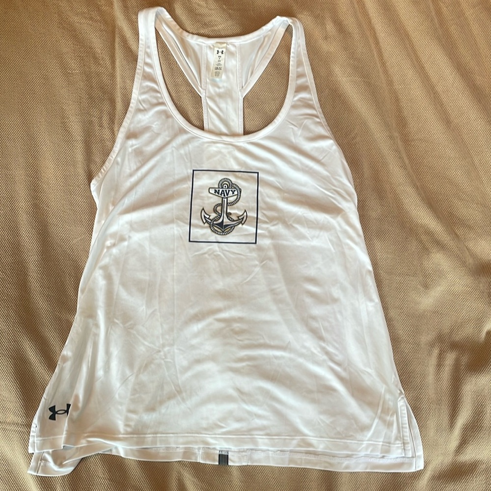 Under Armour Women’s White Racerback Tank with Navy Anchor Graphic